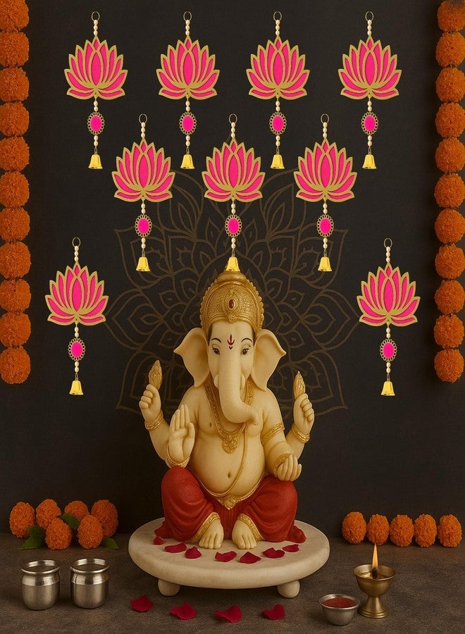 ARLICORPING Wooden Lotus Wall Hanging for Festive Decoration - Diwali, Ganpati, Pooja Room, Mandir, Living Room, Door, Hall, Entrance, Spiritual Decor (Lotus + Bell-Pink, Pack of 12) - Image 2